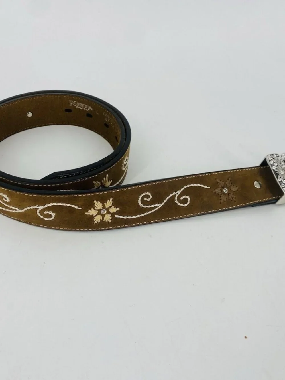 Nocona Belt Co Brown Western Embroidered Leather Belt Large Floral Silver Buckle